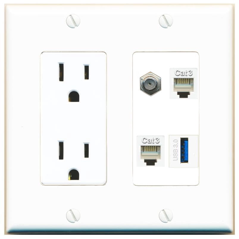 RiteAV Coax 2 Phone USB-3 Wall Plate with 15A Power Outlet [White]