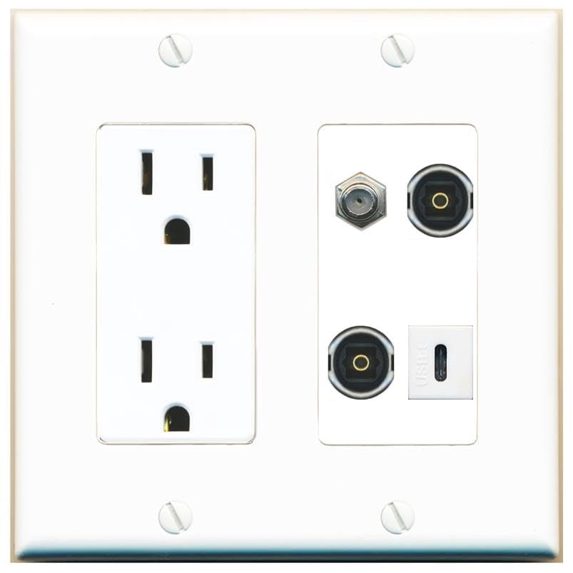 RiteAV Coax 2 TOSLINK USBC Wall Plate with 15A Power Outlet [White]