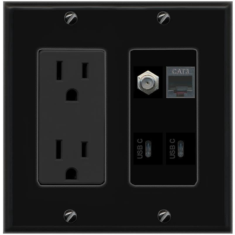 RiteAV Coax Phone 2 USBC Wall Plate with 15A Power Outlet [Black]