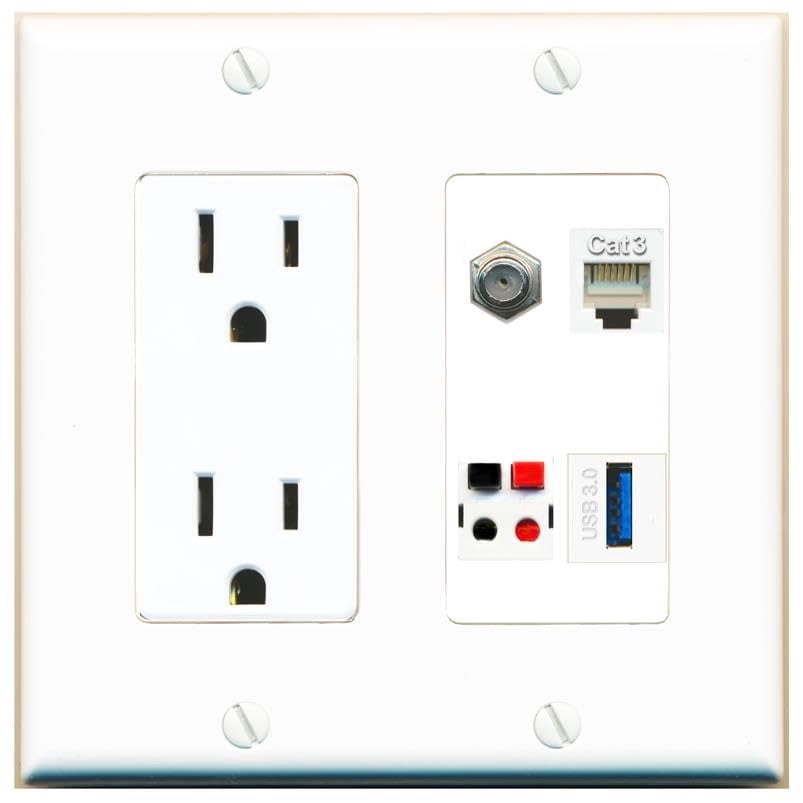 RiteAV Coax Phone Speaker USB-3 Wall Plate with 15A Power Outlet [White]