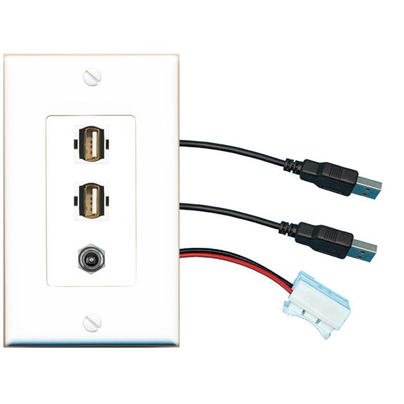 RiteAV DC-Power 2 USB2 Wall Plate with Pigtail Dongle Extension White