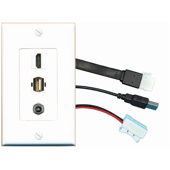 RiteAV DC-Power HDMI USB2 Wall Plate with Pigtail Dongle Extension White