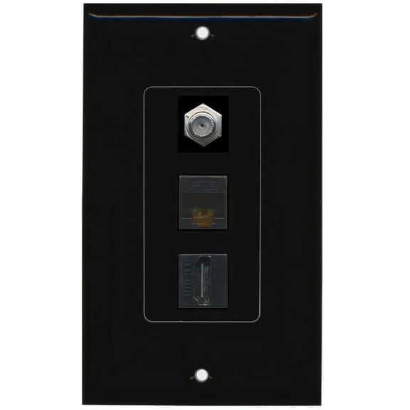 RiteAV Decorative 1 Gang Wall Plate (Black/Black) 3 Port - Coax (Black) Cat6 (Black) HDMI (Black)
