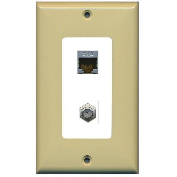 RiteAV Decorative 1 Gang Wall Plate (Ivory/White) 2 Port - Cat6 (Shielded) Coax (White) - Bracket Included