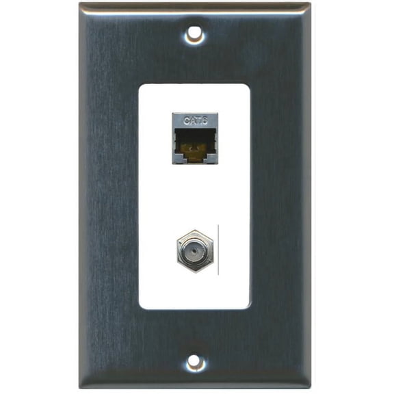 RiteAV Decorative 1 Gang Wall Plate (Stainless Steel/White) 2 Port - Cat6 (Shielded) Coax (White) - Bracket Included