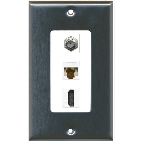 RiteAV Decorative 1 Gang Wall Plate (Stainless Steel/White) 3 Port - Coax (White) Cat6 (White) HDMI (White)
