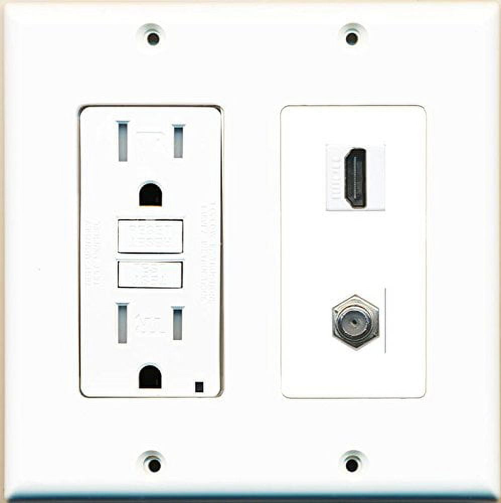 RiteAV GFCI 15 Amp 125V Power Outlet with HDMI Coax Cable TV Wall Plate White