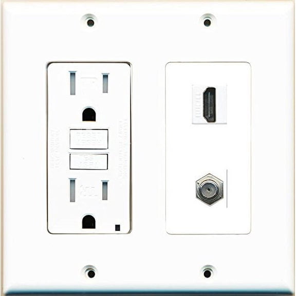 RiteAV GFCI 15 Amp 125V Power Outlet with HDMI Coax Cable TV Wall Plate White