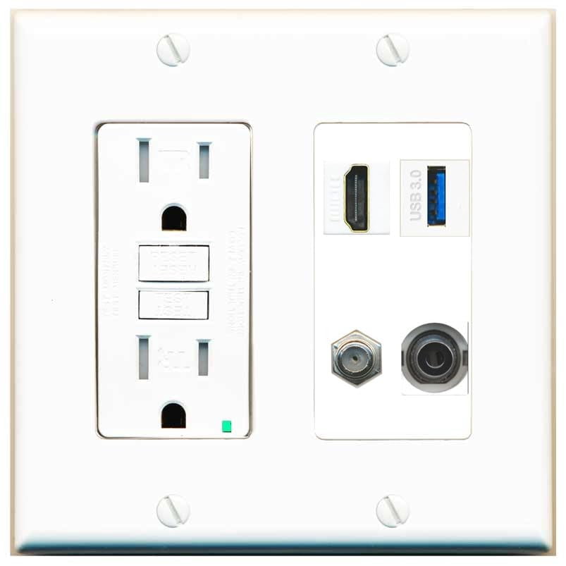 RiteAV HDMI and Coax USB3 + 3.5mm Jack Wall Plate - GFCI Outlet [White]
