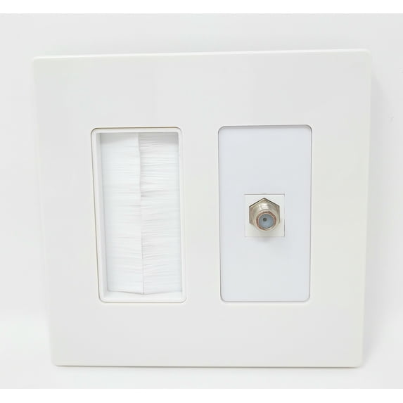 RiteAV Mesh Brush Coax Cable TV Wall Plate Dual 2 Gang Screwless Decorative White