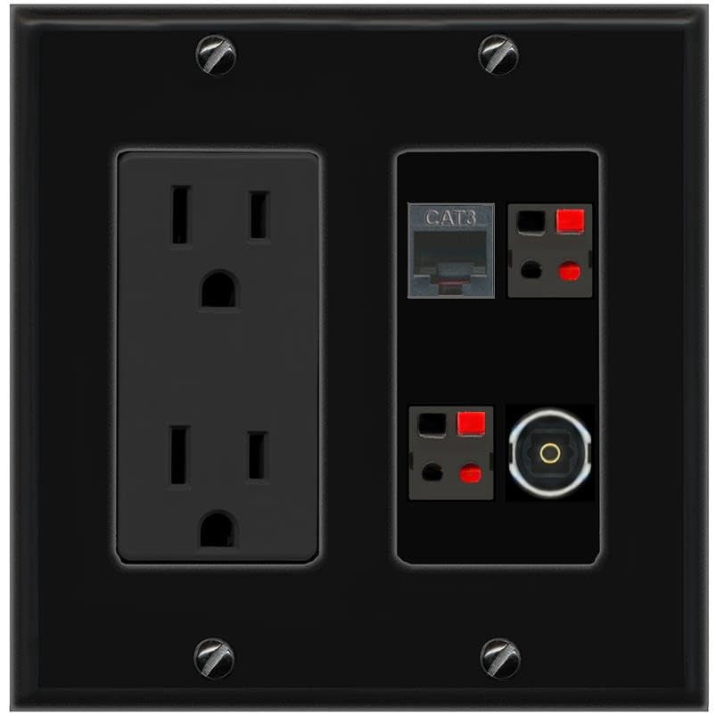 RiteAV Phone 2 Speaker TOSLINK Wall Plate with 15A Power Outlet [Black]