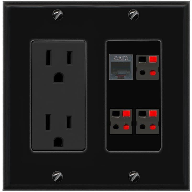 RiteAV Phone 3 Speaker Wall Plate with 15A Power Outlet [Black]