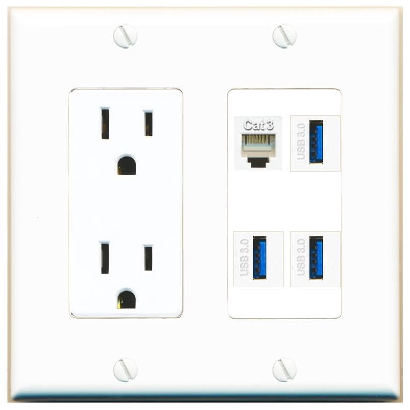 RiteAV Phone 3 USB-3 Wall Plate with 15A Power Outlet [White]