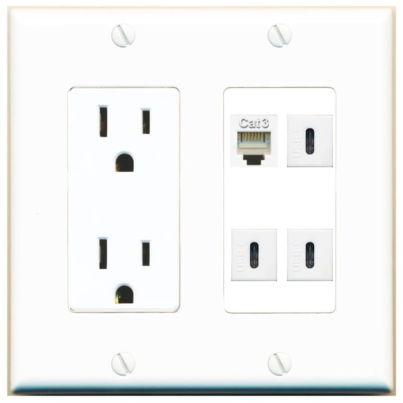 RiteAV Phone 3 USBC Wall Plate with 15A Power Outlet [White]