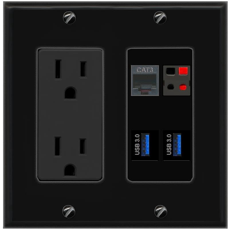 RiteAV Phone Speaker 2 USB-3 Wall Plate with 15A Power Outlet [Black]