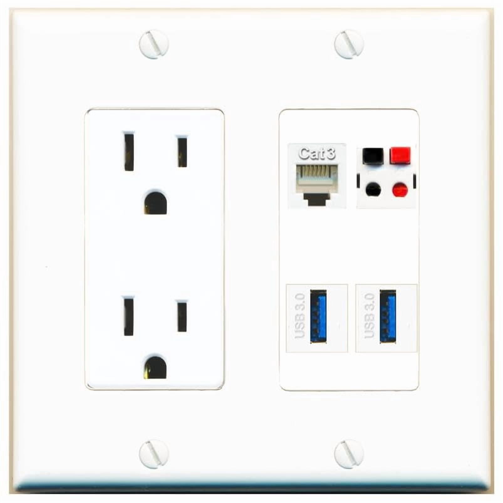 RiteAV Phone Speaker 2 USB-3 Wall Plate with 15A Power Outlet [White]