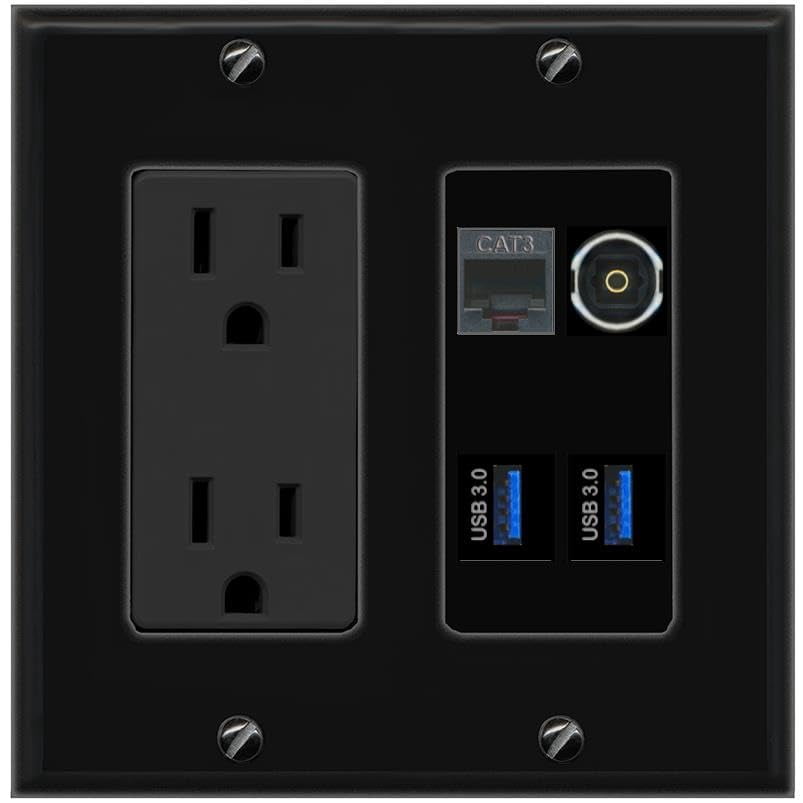 RiteAV Phone TOSLINK 2 USB-3 Wall Plate with 15A Power Outlet [Black]