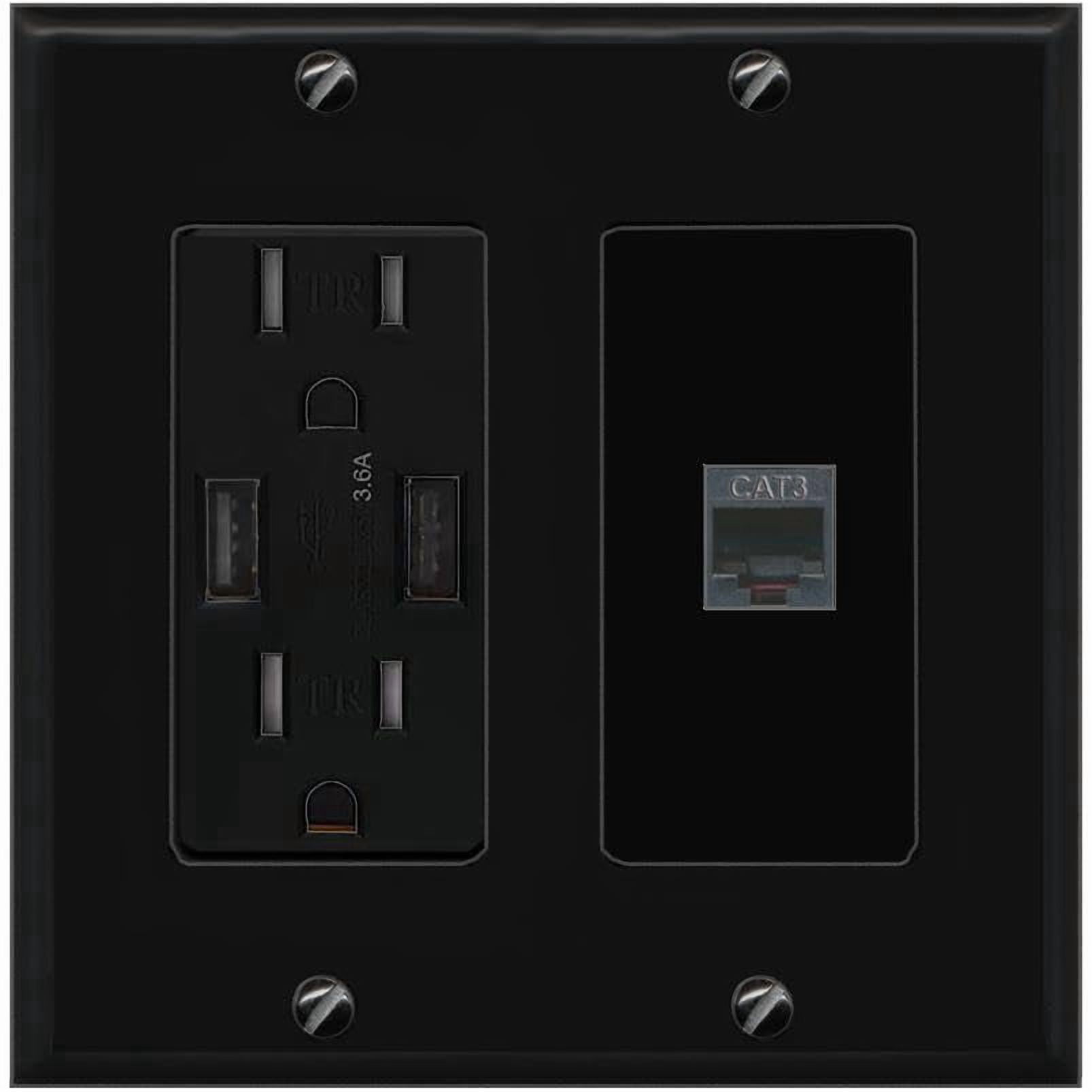 RiteAV Phone Wall Plate with USB A Charger Power Outlet [Black]