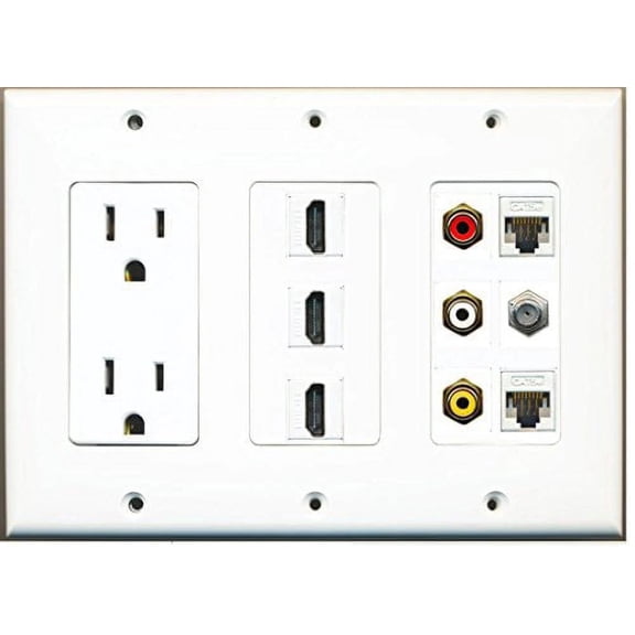RiteAV Power 3 Port HDMI Composite 3-RCA A/V 2 Cat5e Ethernet Coax TV Wall Plate - White
