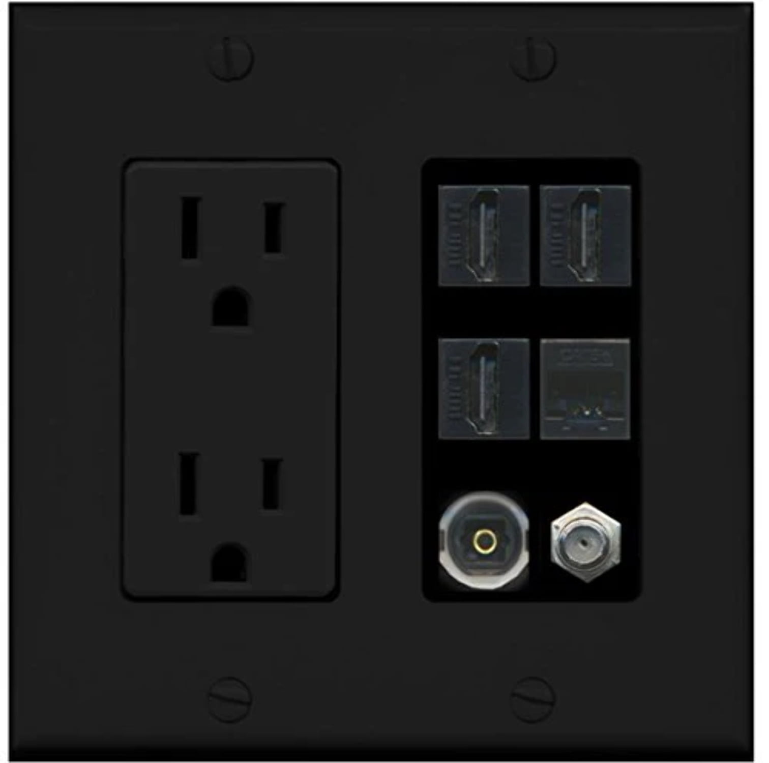 RiteAV Power Outlet 3 HDMI Coax Cat5e Toslink Wall Plate - Black
