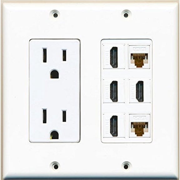 RiteAV Power Outlet + 4 Port HDMI x 2 Cat6 RJ45 Ethernet Jack Wall Plate White