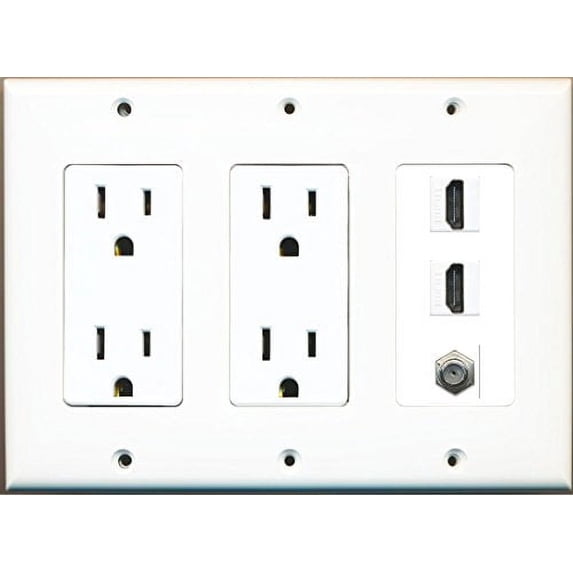 RiteAV Power Outlet x 2 and 2 HDMI 1 Coax Triple Gang Wall Plate White