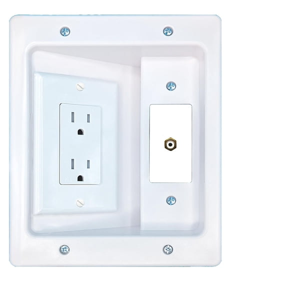 RiteAV RCA-White Recessed Wall Plate Cable Concealer Management Kit with Power Outlet Hides Cords and Cables