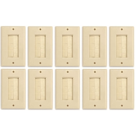 RiteAV - Single Gang Wall Plate with Brush Bristles - Ivory [Now Fits Larger Cables] - 10 Pack