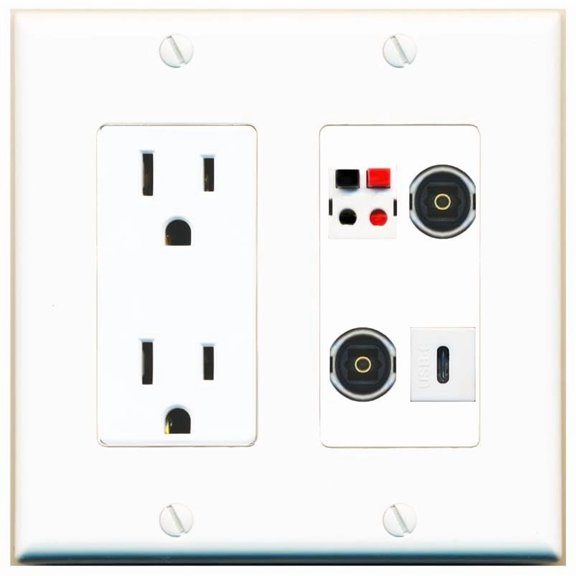 RiteAV Speaker 2 TOSLINK USBC Wall Plate with 15A Power Outlet [White]