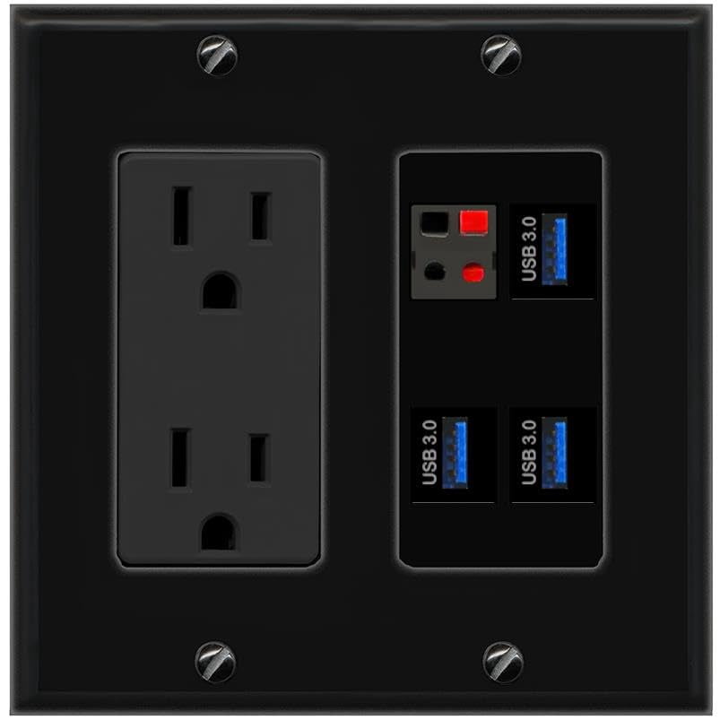 RiteAV Speaker 3 USB-3 Wall Plate with 15A Power Outlet [Black]