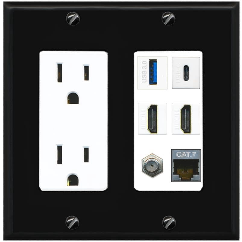 RiteAV USB 3 USB C 2 HDMI Coax Cat7 Wall Plate - Outlet [Black/White]