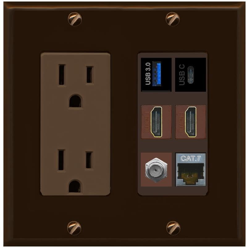 RiteAV USB 3 USB C 2 HDMI Coax Cat7 Wall Plate - Outlet [Brown/Brown]