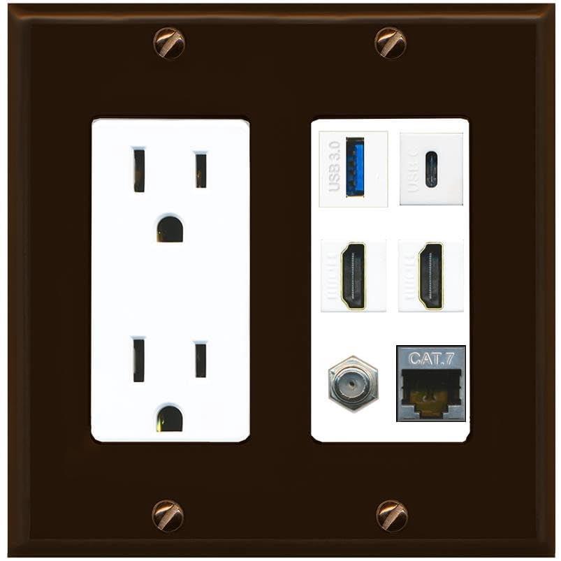 RiteAV USB 3 USB C 2 HDMI Coax Cat7 Wall Plate - Outlet [Brown/White]