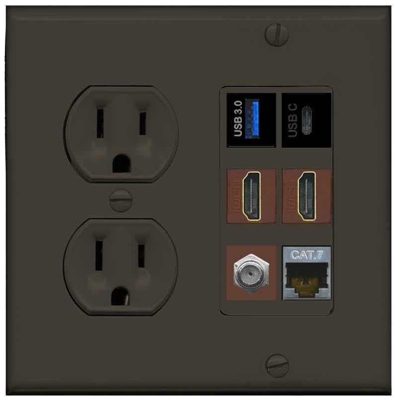 RiteAV USB 3 USB C 2 HDMI Coax Cat7 Wall Plate - Round Outlet [Brown/Brown]