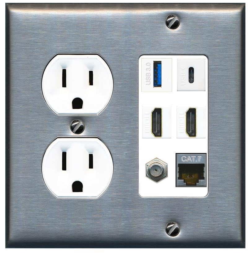RiteAV USB 3 USB C 2 HDMI Coax Cat7 Wall Plate - Round Outlet [Stainless/White]