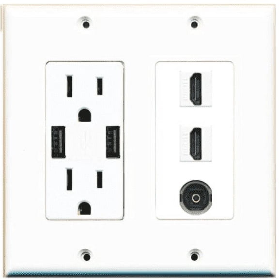 RiteAV USB Charger Outlet 15A/125V with Dual 3.6A USB Charging Ports and 2 x HDMI and 1 x Toslink Decorative White Wall Plate