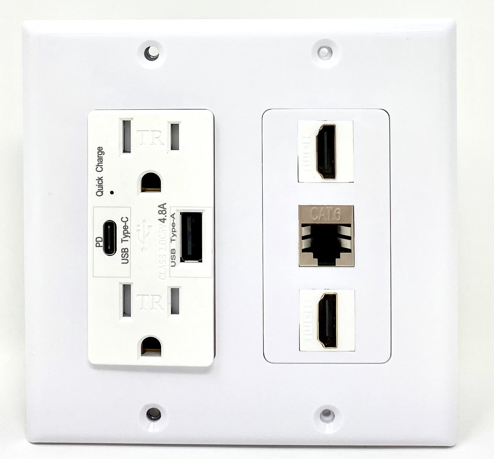 RiteAV USB Charger Outlet 15A/125V with USB Type-A/USB Type-C Charging Ports and 2 x HDMI 1 x Cat6 Shielded Ethernet Decorative White Wall Plate