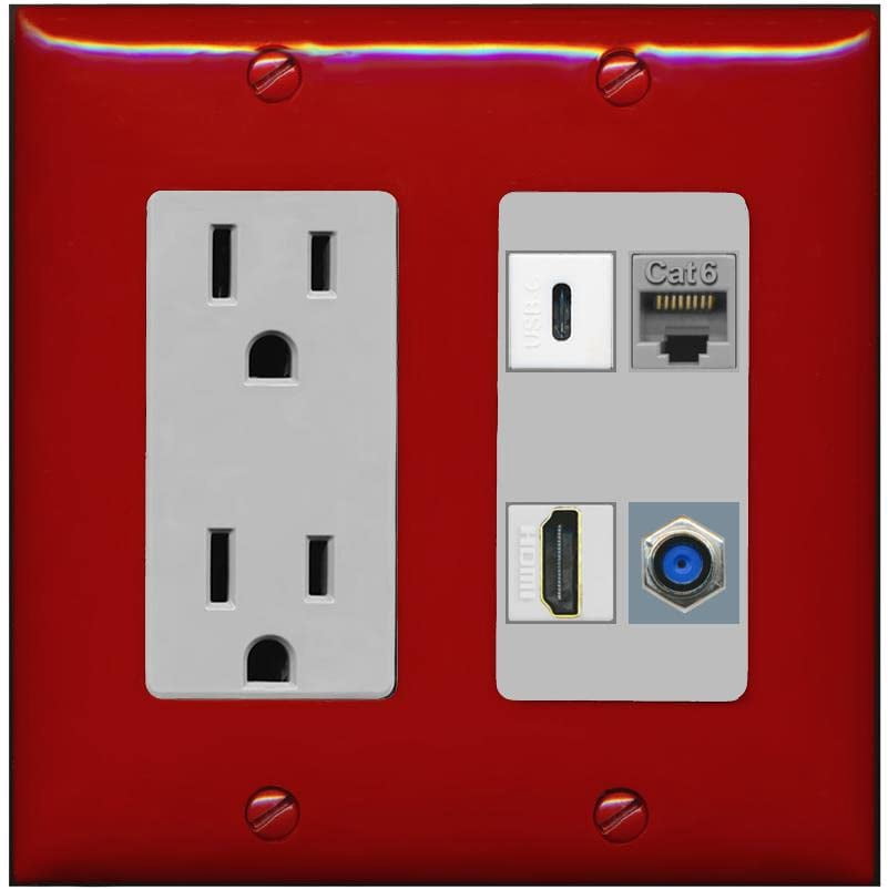 RiteAV USBC HDMI Cat6 Coax F81 Wall Plate - Outlet [Red/Gray]