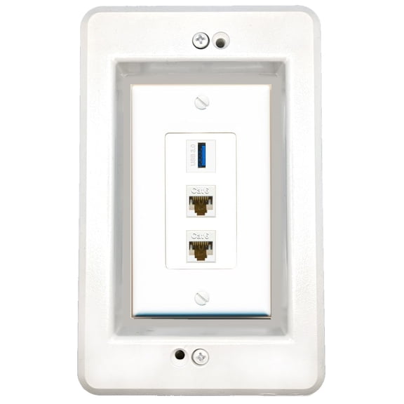 RiteAV in-Wall Cable Management Kit Recessed Outlet 2 CAT6 USB-3 Wall Plate