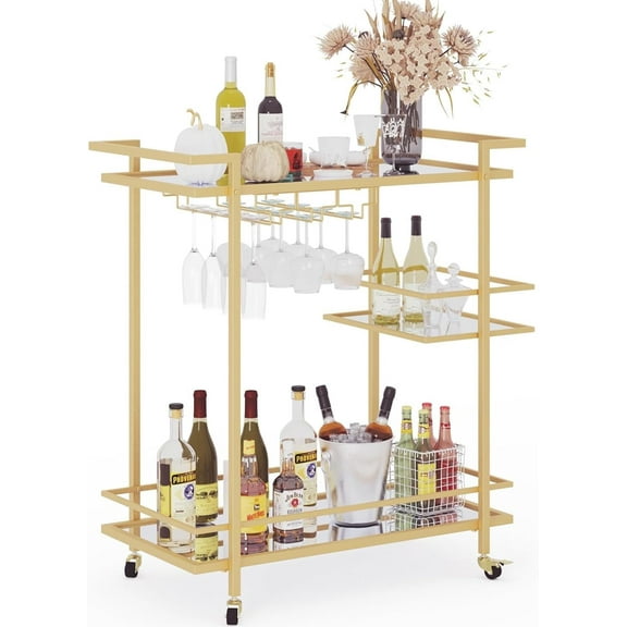 RiteSune Bar Carts for The Home, Gold Bar Cart with 3 Tier Glass Shelves, Home Bar Serving Carts with Wheels, Wine Cart with Wine Holders for Kitchen, Party (28.5" D x 15" W x 32" H)