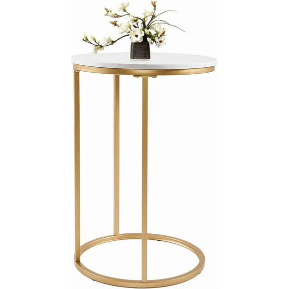 RiteSune C-Shaped End Table with Marble Top, Space-Saving Side Table Slide Under Sofa, Accent Table for Living Room, Bedroom, Office (16"D x 24"H)