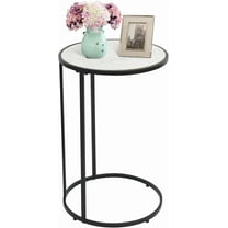 RiteSune Round C Shaped Side Table, Couch Side Tables That Slide Under, Coffee End Table with Faux Marble Top for Living Room, Balcony, Bedroom (Black Metal Frame)