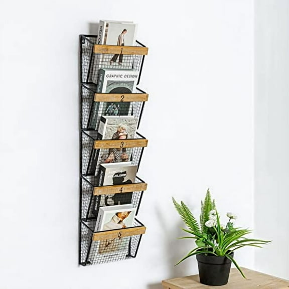 RiteSune Wall Mounted File Manazine Mail Rack Holder, Metal Basket Shelf Wall Organizer for Newspapers, Magazines, Fit for Office, Home(5 Tier, Black)