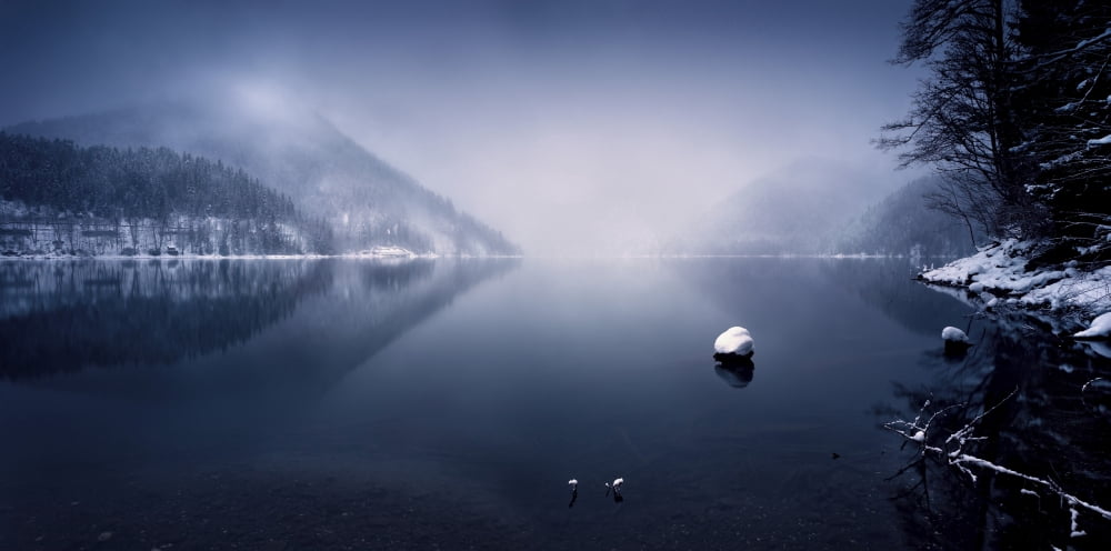 Ritsa Lake in the snow covered mountains of Ritsa Nature Reserve Georgia Canvas Art - Evgeny KuklevStocktrek Images (20 x 10)