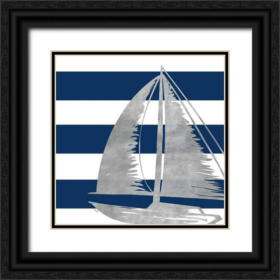 Ritter, Gina 12x12 Black Ornate Wood Framed with Double Matting Museum Art Print Titled - Silver Coastal on Blue Stripe IV