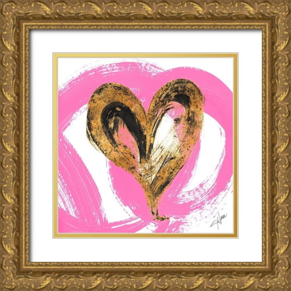 Ritter, Gina 15x15 Gold Ornate Wood Framed with Double Matting Museum Art Print Titled - Pink and Gold Heart Strokes I