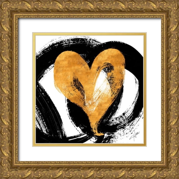 Ritter, Gina 20x20 Gold Ornate Wood Framed with Double Matting Museum Art Print Titled - Black And Gold Heart Strokes I