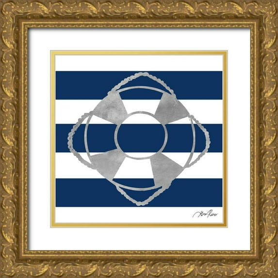 Ritter, Gina 20x20 Gold Ornate Wood Framed with Double Matting Museum Art Print Titled - Silver Coastal on Blue Stripe IV
