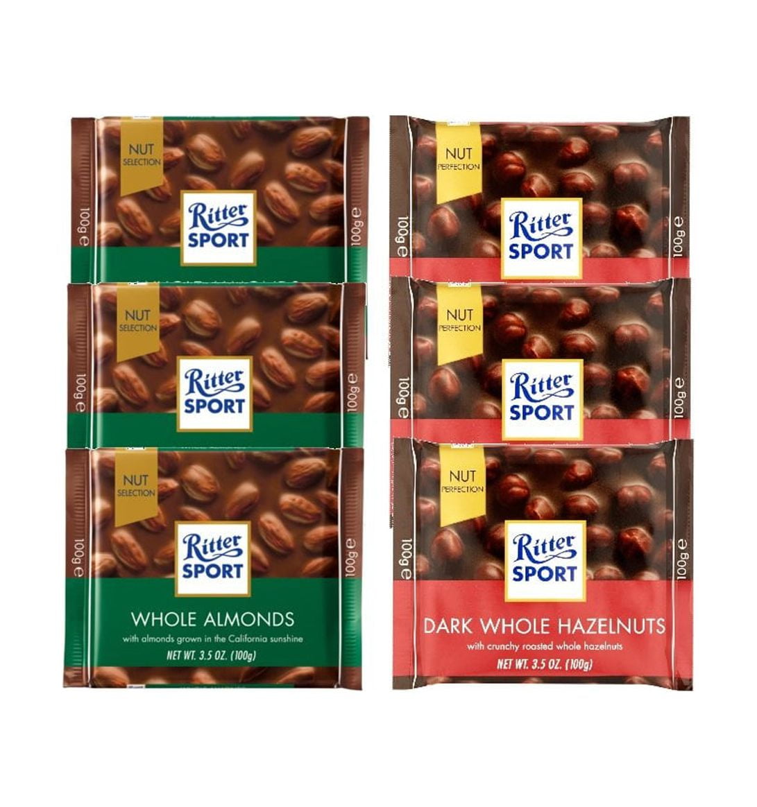 Ritter Sport 3x3.5 oz MIlk chocolate w/whole almonds, 3x3.5 oz Dark chocolate w/whole hazelnuts (6 bars total)