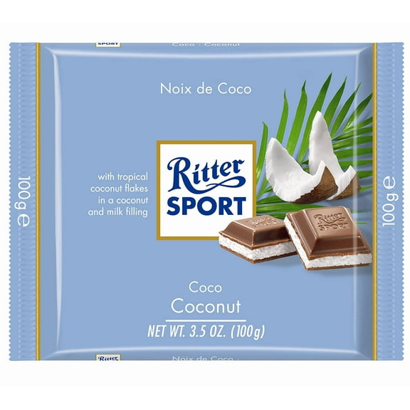 Pack of 12, Ritter Sport Coconut Milk Chocolate Bar, 3.5 oz